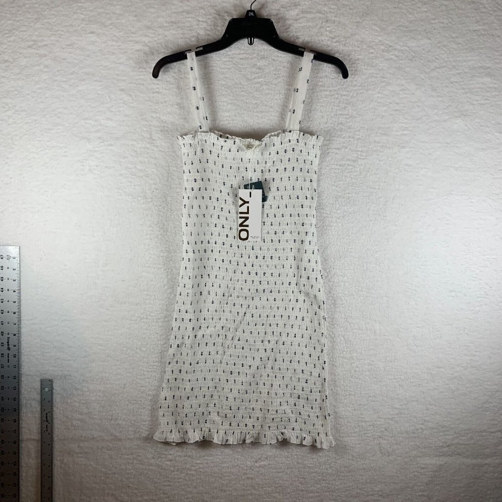 Only Smocked Dress Womens Size 38 White/Blue‎ Dotted Wide Strap 100% Cotton 6398